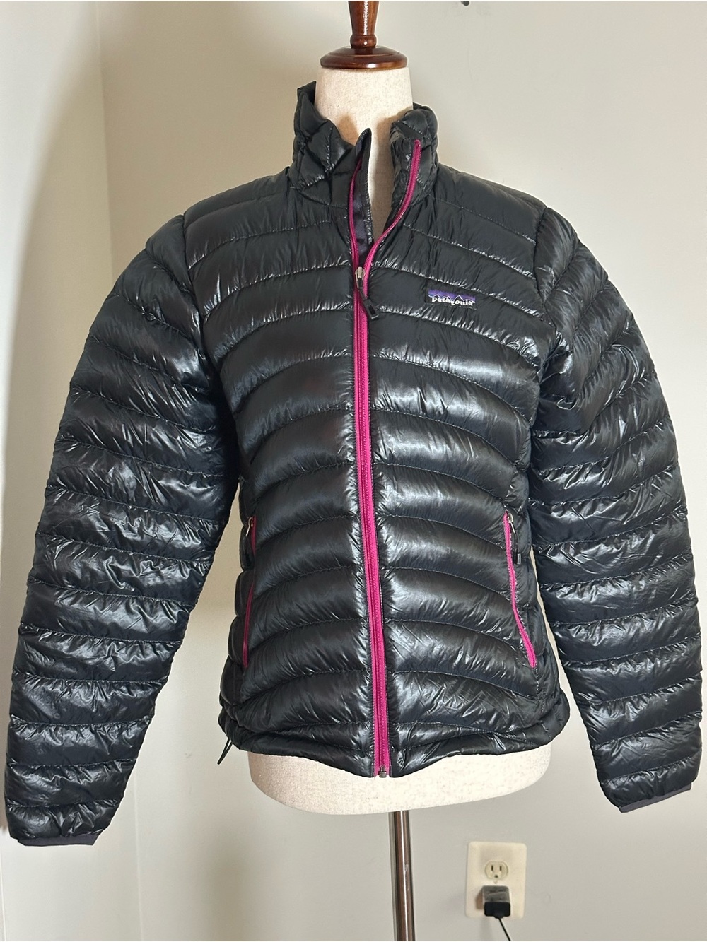 Patagonia Black Puffer Jacket with Purple Zipper Accents